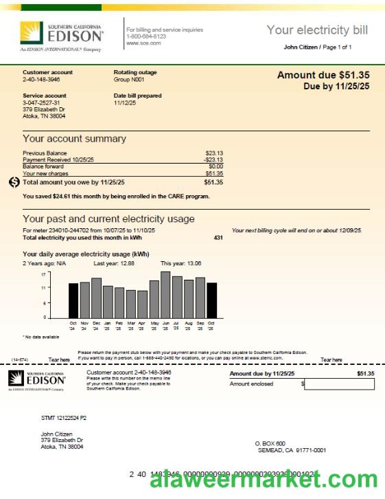 USA Southern California Edison utility bill template in Word and PDF formats, version 3